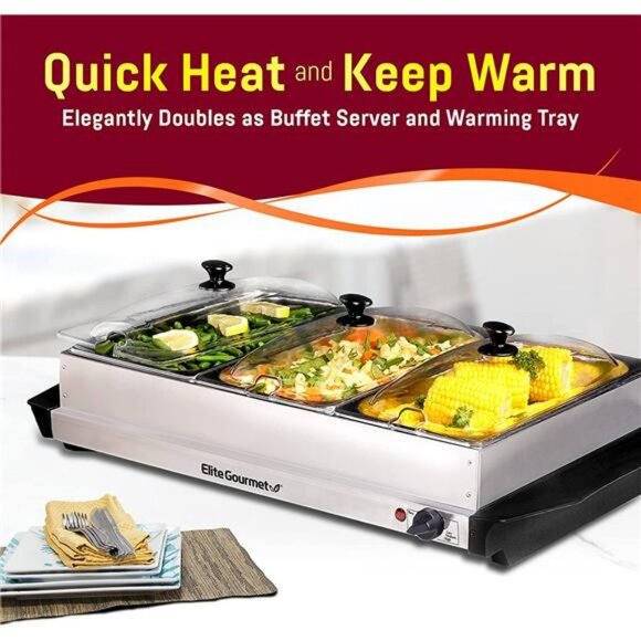 Elite Gourmet EWM-6171 7.5 Quart Triple Buffet Server Food Warmer, 3 x 2.5Qt - Picture 4 of 7